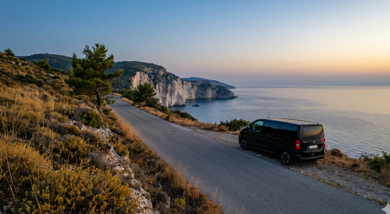 Black Orfeas Transfers van on a Zakynthos cliff road at dawn