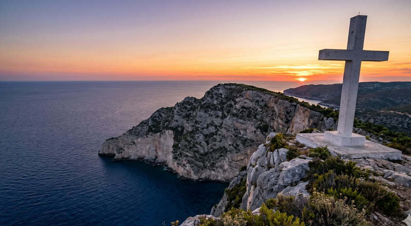 The white cross at Kampi cliff above the Ionian Sea at sunset