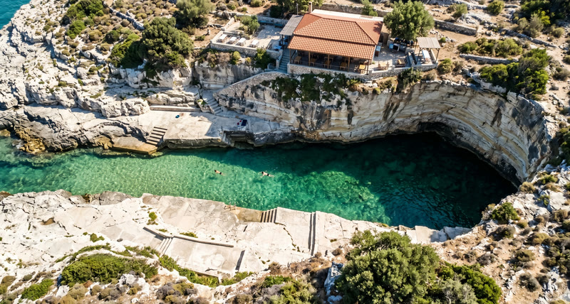 Porto Limnionas natural rocky fjord with crystal water in Zakynthos