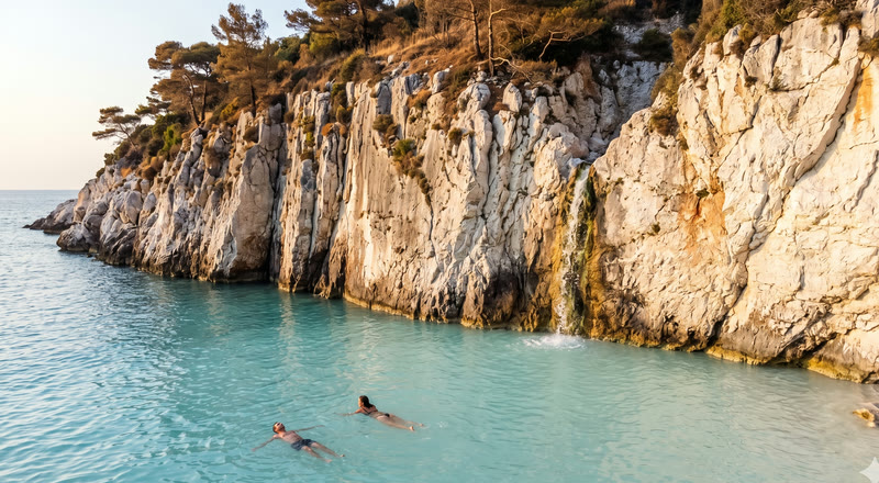 Swimmers floating in the Xigia sulphur spring at the foot of white cliffs in Zakynthos